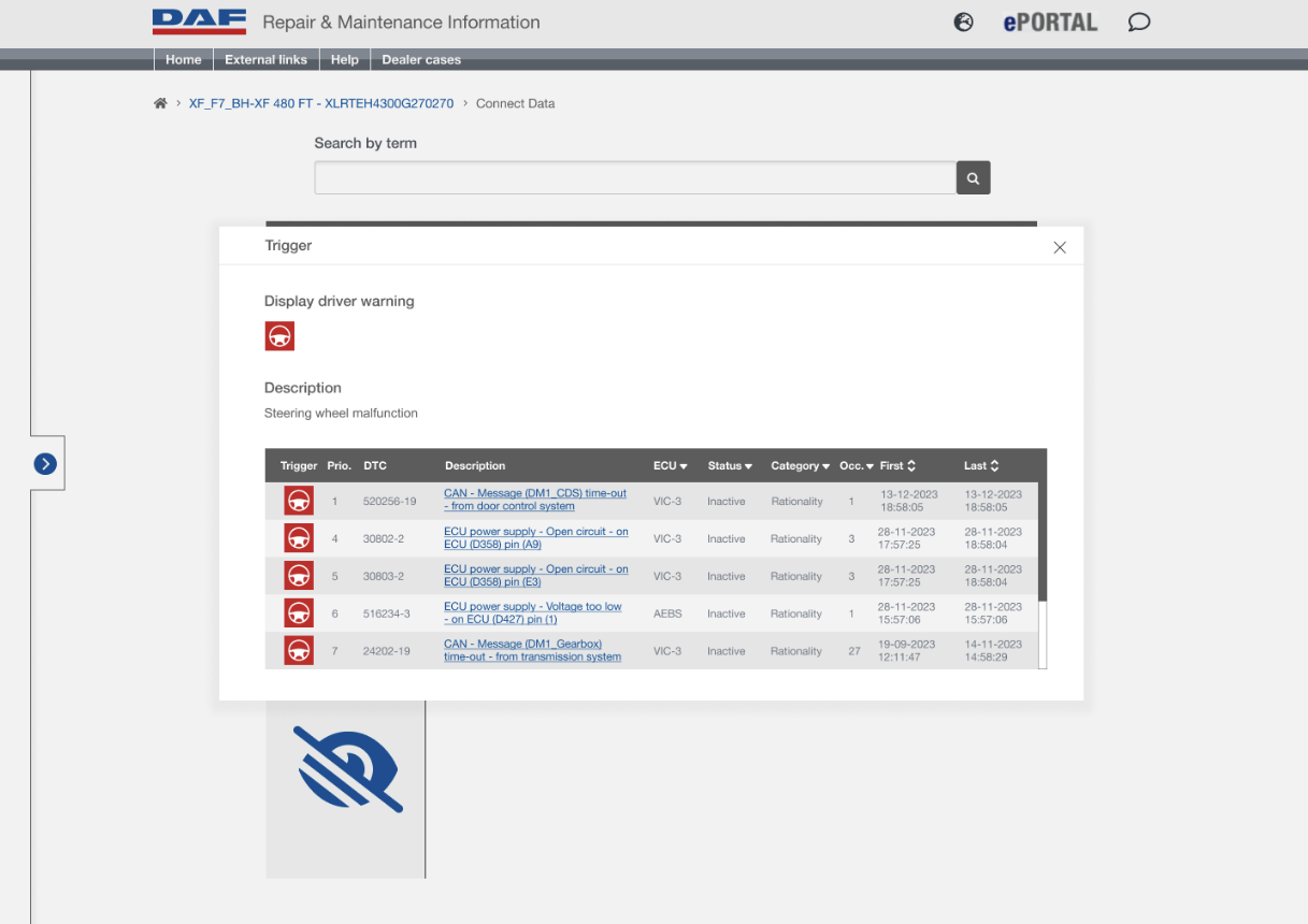 Dit scherm zien Service Advisors als ze op de onderstreepte beschrijving klikken en zien informatie over de waarschuwing.